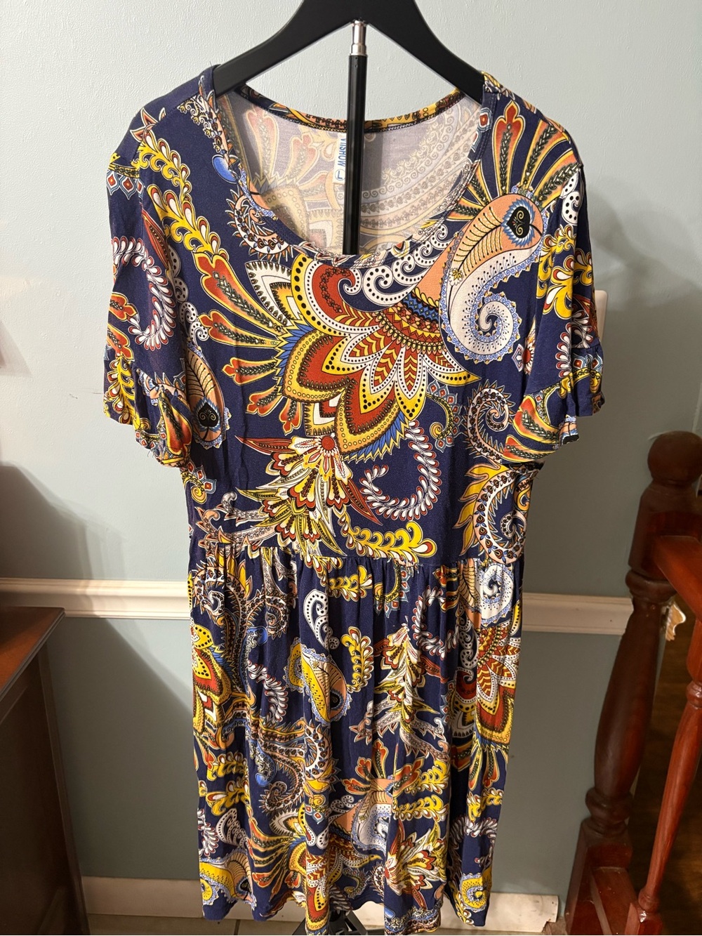 Navy Paisley Midi Dress with Yellow & Orange Accents by Viishow